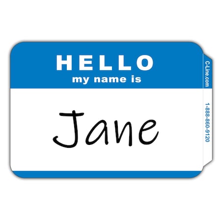 C-Line Products Pressure Sensitive Badges, HELLO my name is, Blue, 3 12 x 2 14, 100BX Set of 10 BX, 1000PK 92235-CT